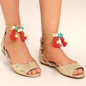 BETSEY JOHNSON 𝅺Abree Gold Lace-up Pom-Pom Sandals